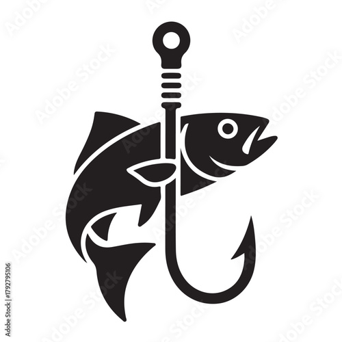 Fish on a hook, representing fishing, angling, or seafood industry in black