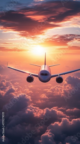 Airplane Flying Through Clouds at Sunset Over the Horizon During Evening Sky
