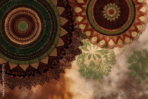 Beautiful Mandala Patterns With Teal and Gold Details on Textured Background.