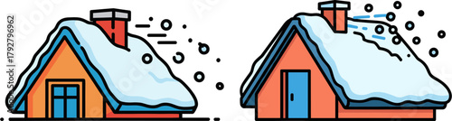 Snow-covered houses with animated snow effects in winter scenery  