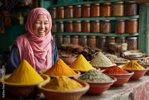 Colorful Spices on Display With a Smiling Seller in a Market