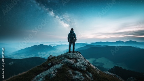 Silhouetted figure stands atop mountain peak, gazing at night sky with milky way