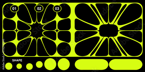 Abstract neon yellow organic shapes and geometric forms on black background