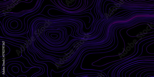 Abstract topographic map lines in vibrant purple on a dark black background