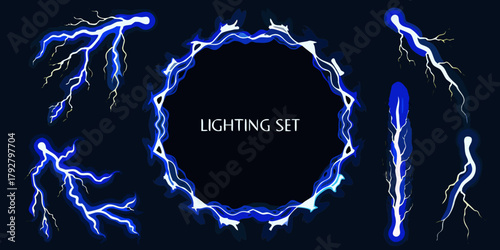 Collection of blue lightning bolt elements and a circular frame on dark background