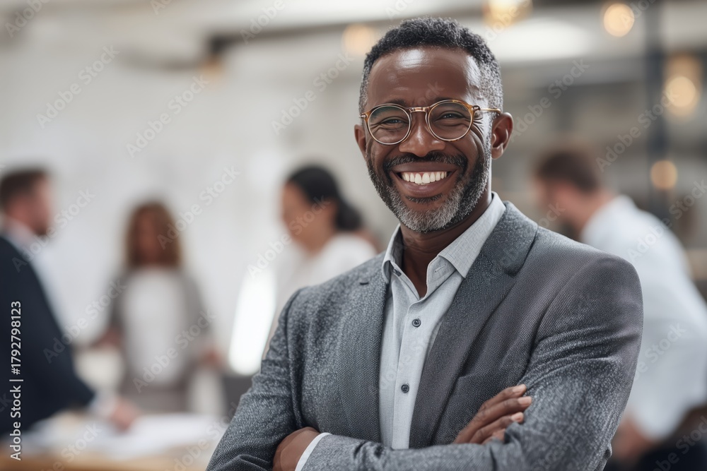 Fototapeta premium Confident Man Smiling in a Modern Office During a Business Meeting