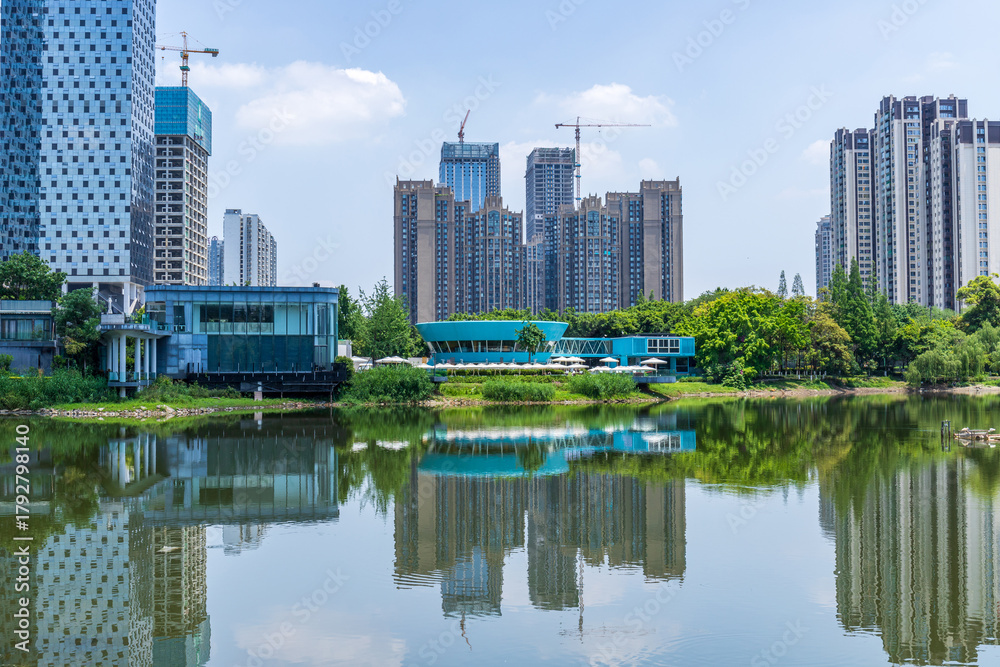 Naklejka premium The lake and architectural scenery of Donghu Park in Chengdu, Sichuan Province, China