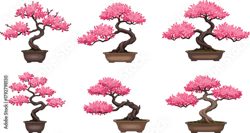 Beautiful pink bonsai trees in pots, perfect for nature, zen decor, floral art, Japanese style