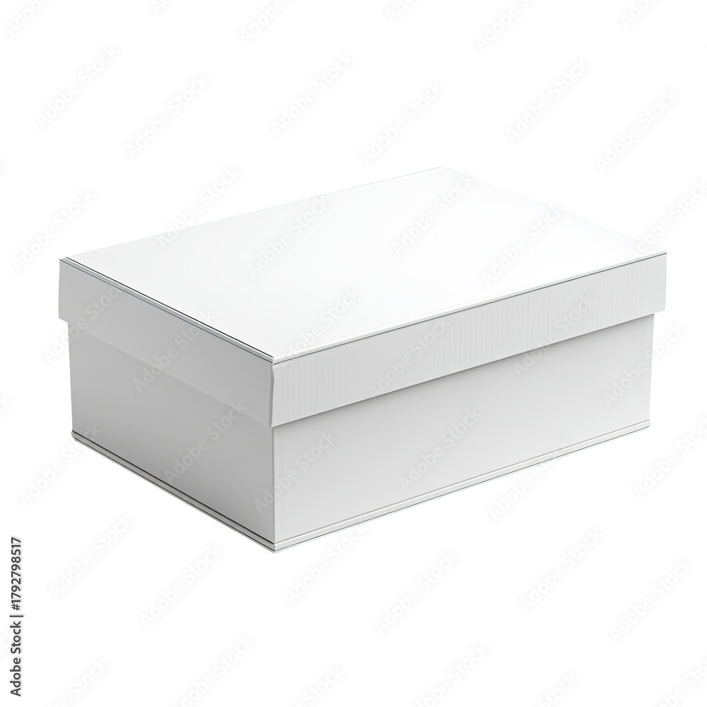 Naklejka premium A blank white rectangular box with a lid sits, casting a soft shadow on a dark backdrop