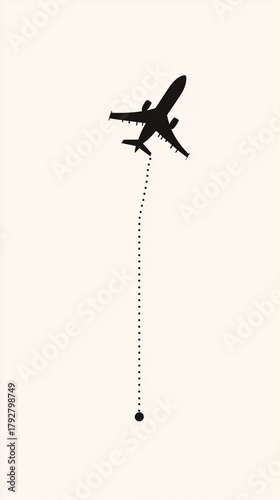 Airplane Flying High With a Trail Connecting to a Small Object Below in Clear...