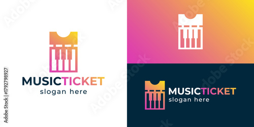 Creative simple music ticket logo template. Ticket coupon with piano keyboard logo design vector illustration.