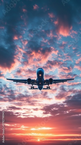 Airplane Flying Through Clouds at Sunset Over the Horizon During Evening Sky.