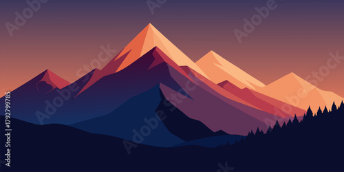 Minimalist mountain range at sunset with pine trees