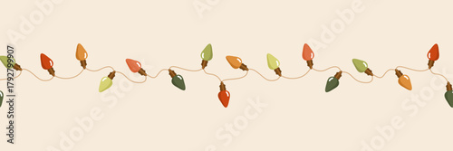 Świąteczna girlanda z kolorowymi lampkami na beżowym tle. Dekoracja bożonarodzeniowa. Bezszwowy wektorowy pasek z światełkami choinkowymi.