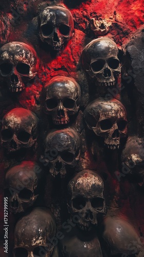 Dark Collection of Skulls Against a Red Background in an Eerie Setting