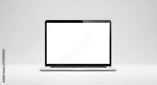 A minimalist laptop with a blank white screen on a white background in a studio setting