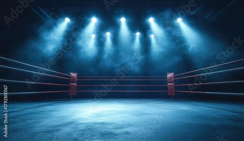 A dimly lit boxing ring illuminated by blue spotlights, creating an intense atmosphere perfect for a match.