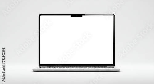 Isolated laptop with a blank white screen display on a white background in a studio setting