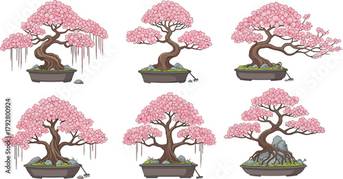 Beautiful Pink Bonsai Trees with Flowers, Artistic Miniature Garden Plants in Pots, Decorative Nature Illustrations, Zen Style Design