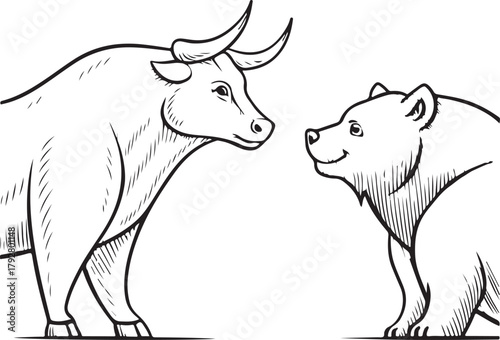 Bull and bear facing each other (market trends), Stock Market Finances Bank Economy, Hand-drawn Sketch Drawing Vector Illustration, Line Linear Symbol Engraving Coloring Book, Black and White Isolated