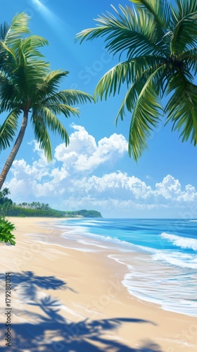 Beautiful Tropical Beach With Palm Trees and Clear Blue Water Under Sunny Skies