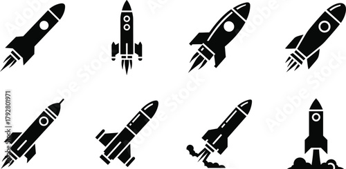 Collection of black rocket ship icons in various styles and orientations