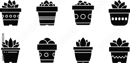 Collection of eight black silhouette potted succulent plants on a white background