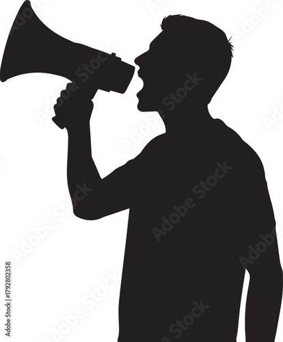 Silhouette of a person shouting into a megaphone advocating for human rights and social justice