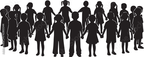 Diverse children silhouettes holding hands forming circle celebrating human rights day unity