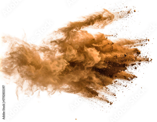 Dynamic earthy explosion against black, mid-air particulate motion