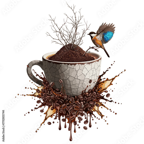 Coffee Cup Grounds Tree Bird Fantasy T-Shirt Art