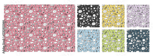 Cute seamless pattern of doodle elements. Collection of seven colors. Cartoon vector design. Plants, hare, environment, nature. For background, wallpaper, textiles, packaging or  website. Pink, green.