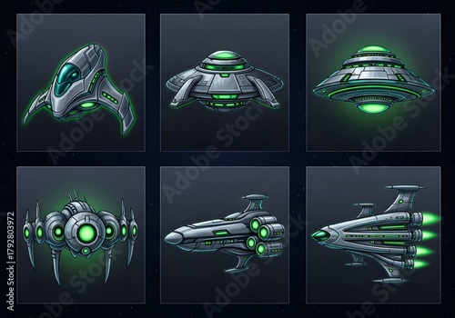 vector illustration of a set of alien ships collection