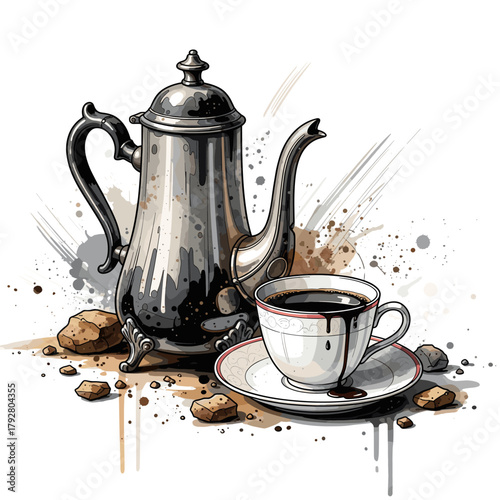 Vintage Silver Coffee Pot Cup Watercolor T-Shirt