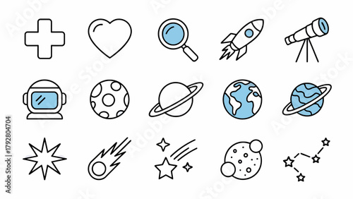 Collection of Doodle Space Icons and Elements on White Background Exploring the Cosmos and Scientific Discovery