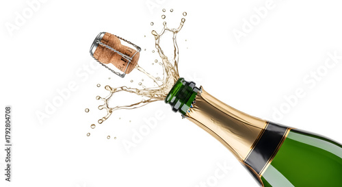 Champagne bottle popping open with cork flying and liquid spraying