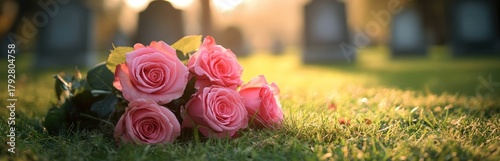A bouquet of pink roses rests on green grass, with gravestones in the background, creating a serene and reflective atmosphere.