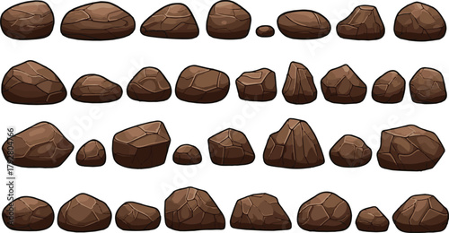 Assortment of Brown Cartoon Rocks on White Background