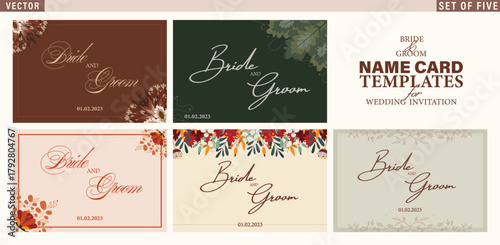 Bride and Groom Name Card Templates. Set of Five floral ornate  cards in Fall colors with place for Names and event date. 