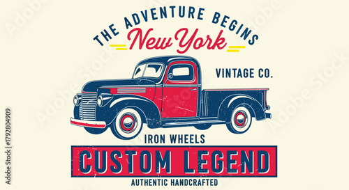 Illustration of vintage new york custom legend truck a classic american pickup with iron wheels, handcrafted for adventure, embodying the spirit of the open road and timeless design