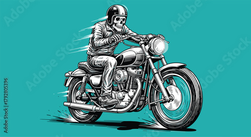 Illustration of a skeleton biker rides a vintage motorcycle with speed and style, showcasing a unique blend of macabre and retro aesthetics on a vibrant teal backdrop