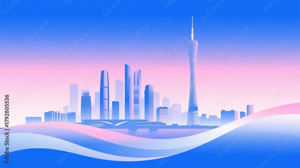 Obraz premium City skyline with tower and waves