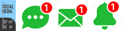 Set of notification icons for email, bell, and chat message with red alert or notification badge (number one). Perfect for new messages, alerts, and updates, social media, communication icons