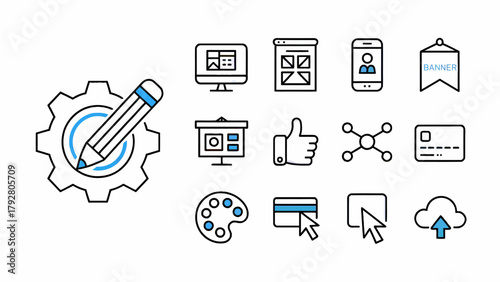 Collection of graphic design icons representing various software tools and elements for visual creation and marketing material development process