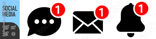 Set of notification icons for email, bell, and chat message with red alert or notification badge (number one). Perfect for new messages, alerts, and updates, social media, communication icons