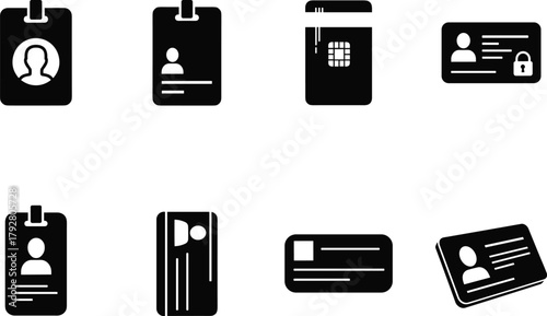 Collection of various identification badges and cards in silhouette
