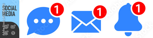 Set of notification icons for email, bell, and chat message with red alert or notification badge (number one). Perfect for new messages, alerts, and updates, social media, communication icons