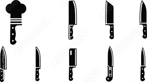 Collection of chef knife silhouettes and chef hat icon