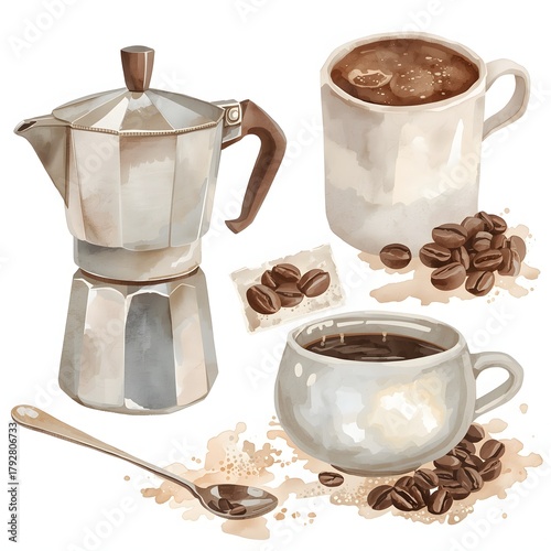 Coffee Set with Moka Pot and Mugs