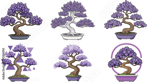 Beautiful purple bonsai trees in decorative pots with artistic shapes, abstract backgrounds, nature, and elegance